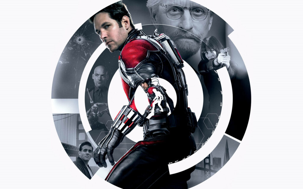 Ant Man in heroic suit center stage with dynamic movie characters and vibrant background wallpaper