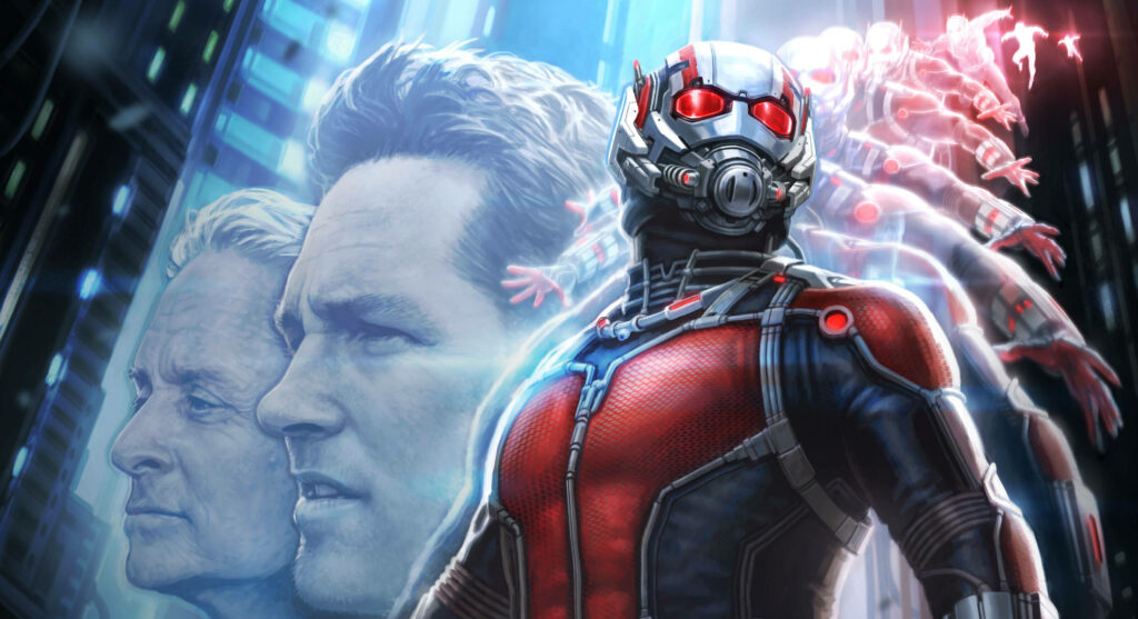 Ant Man in advanced suit with allies portraits and shrinking transformation superhero wallpaper