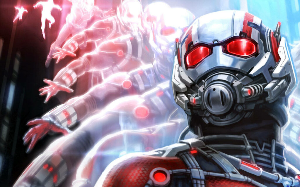 Ant Man shrinking rapidly with energy trail in red silver suit and helmet futuristic city background Wallpaper