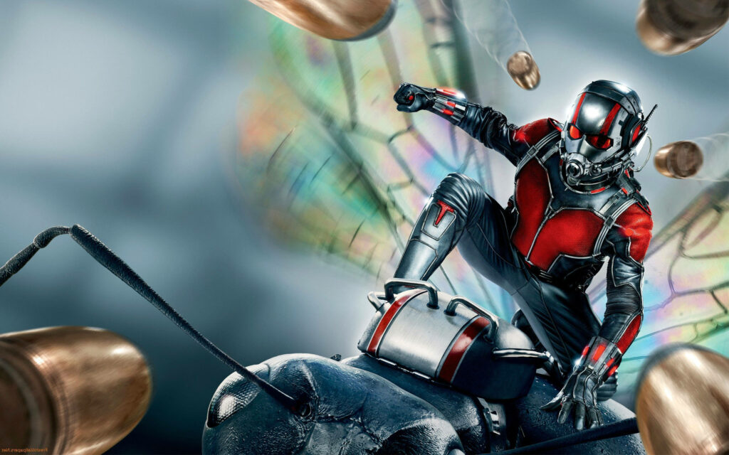 Ant Man superhero rides flying ant dodging large bullets dynamic action-packed wallpaper background