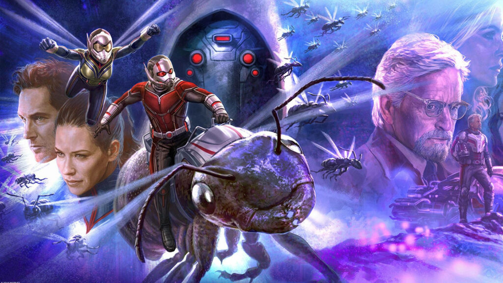 Ant Man in iconic suit riding giant ant with cast and sci-fi elements vibrant wallpaper background