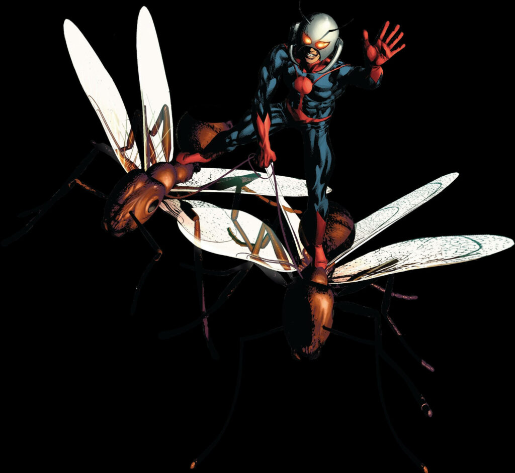 Ant Man superhero riding a giant flying wasp ready for action dynamic wallpaper background