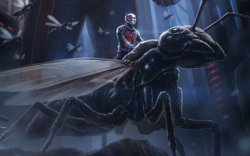 Ant Man in iconic suit riding giant wasp over futuristic city with flying insects wallpaper background