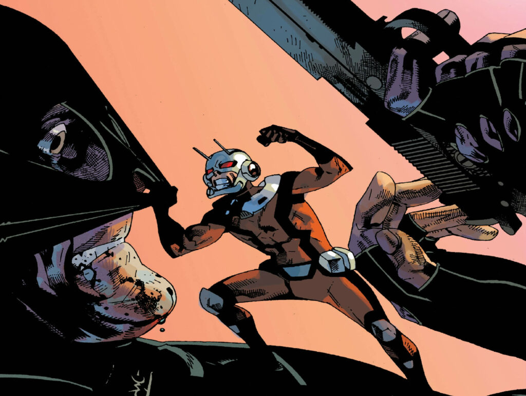 Ant Man Scott Lang in classic suit showing strength dynamic comic style action scene wallpaper