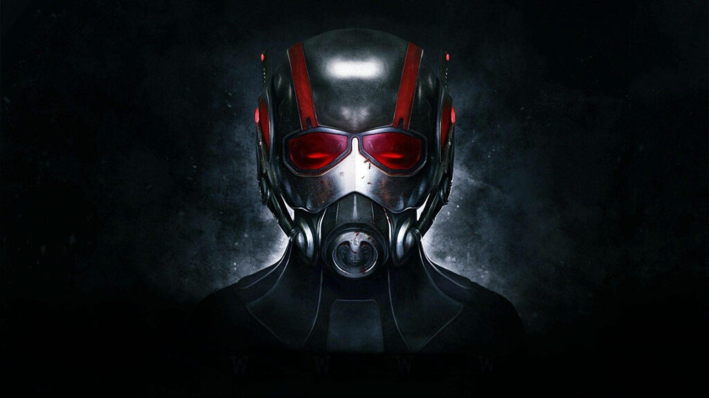 Ant Man wallpaper with sharp focus red helmet lenses on dark dramatic background for fans