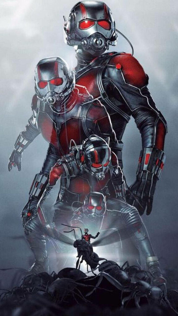Ant Man shrinking in stages wearing iconic suit action-packed dynamic superhero wallpaper