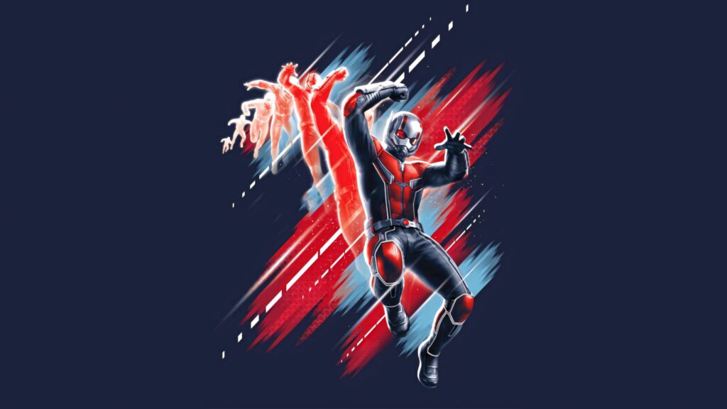 Ant Man dynamic vector art wallpaper red white streaks dark background action-packed design