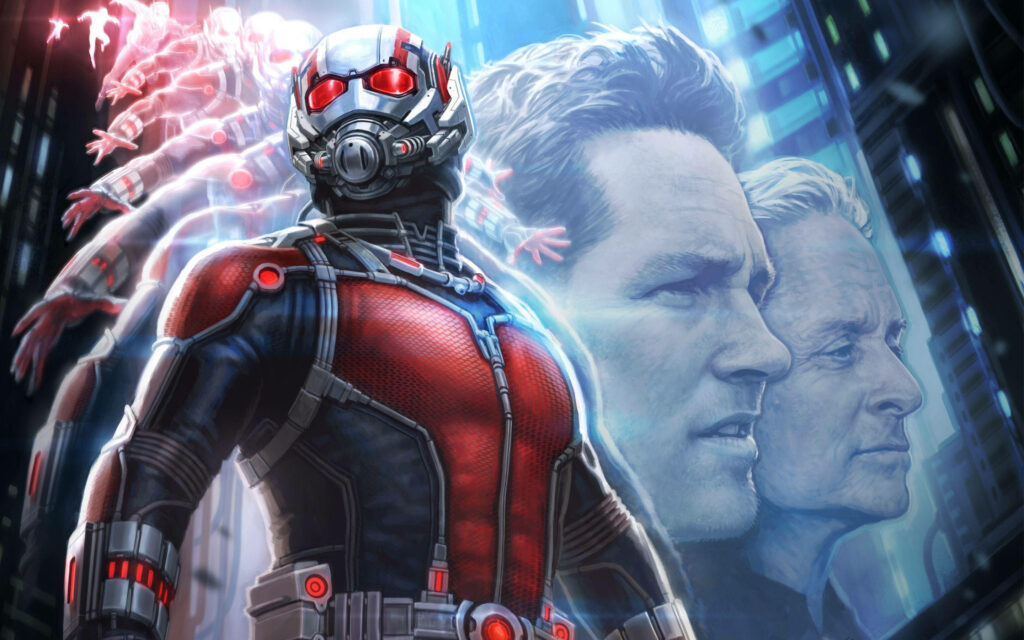 Ant Man in advanced suit with motion effects and Hank Pym in background superhero wallpaper
