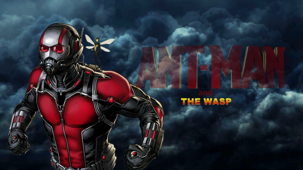 Ant Man and The Wasp hero pose with bold movie title and dramatic cloudy sky background wallpaper