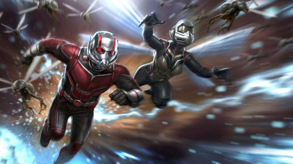 Ant Man and The Wasp in advanced suits racing through giant insects with dynamic energy trails Wallpaper