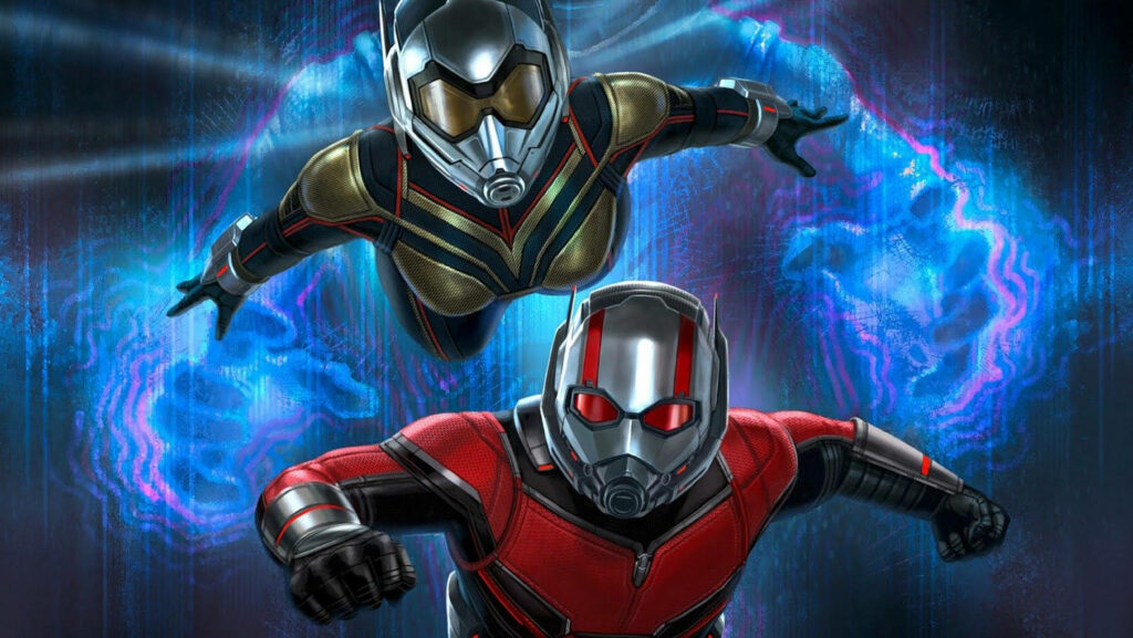 Ant Man and Wasp in iconic suits flying through futuristic blue energy field wallpaper background