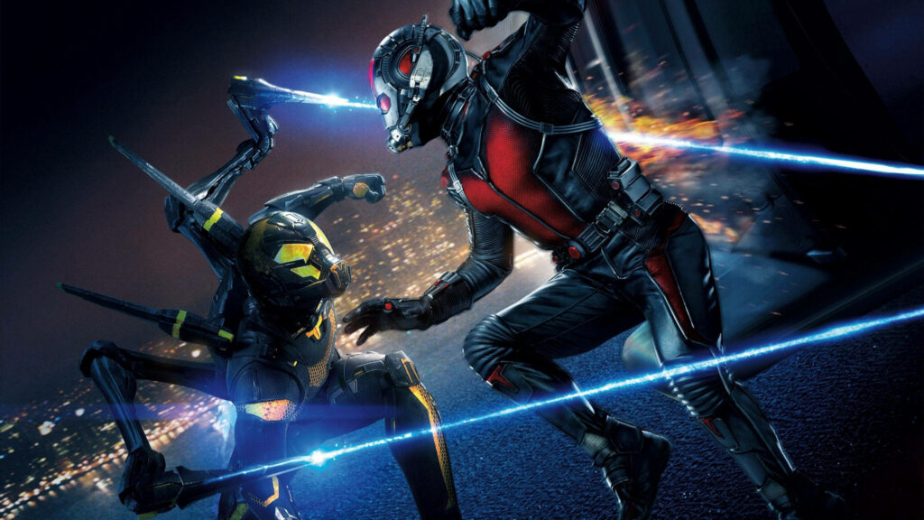 Ant Man fighting powerful enemy in vibrant cityscape with dynamic energy beams wallpaper
