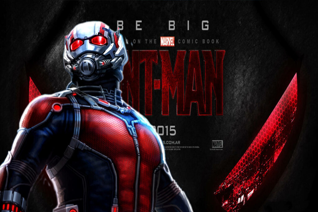 Ant-Man Marvel superhero in iconic suit cinematic backdrop dynamic movie poster wallpaper