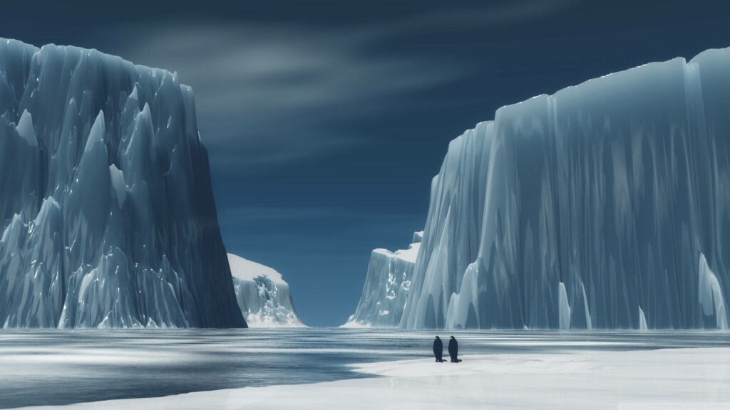Digitally rendered Antarctica landscape with towering ice cliffs two penguins on ice under dramatic sky Wallpaper