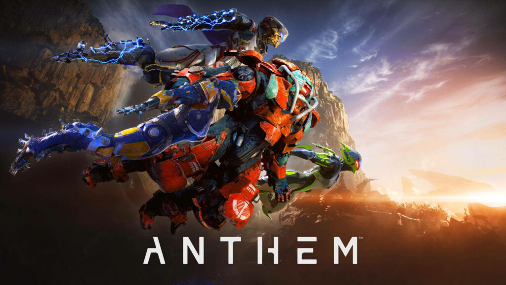 Exo Suits squad soaring over dramatic landscape Anthem action wallpaper background freedom