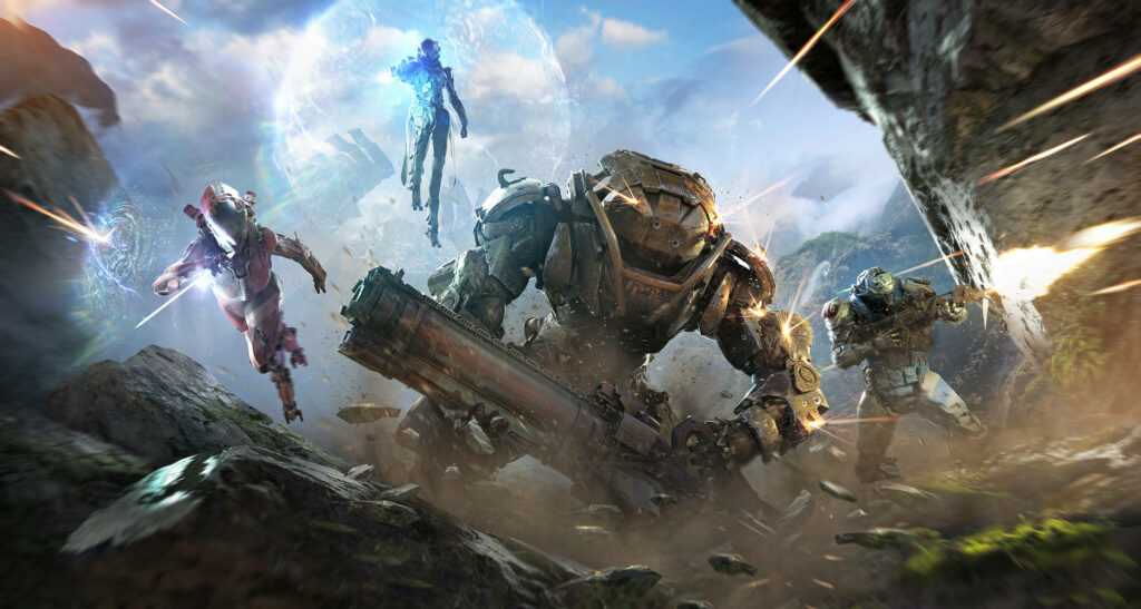 Dynamic Anthem wallpaper with powerful exosuits and explosive action in futuristic rugged world