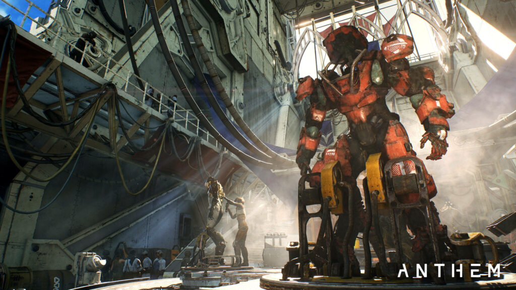 Anthem Game 4K Colossus Javelin exosuit in high-tech hangar with detailed lighting wallpaper
