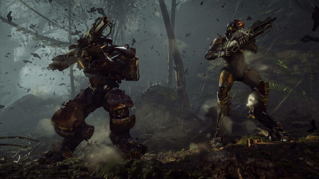 Two Javelin mechs Interceptor and Ranger ready for battle in misty forest Anthem game 4K Wallpaper