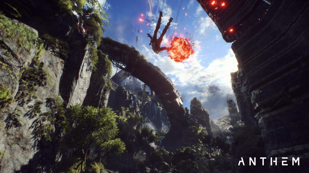 Anthem Interceptor unleashing fiery skill in lush cliffs 4K wallpaper action-packed background