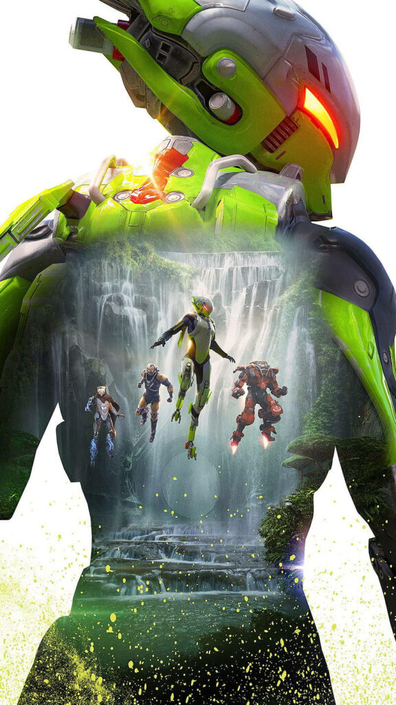 Anthem Interceptor Javelin flying over lush waterfall with other Javelins in adventurous scene Wallpaper