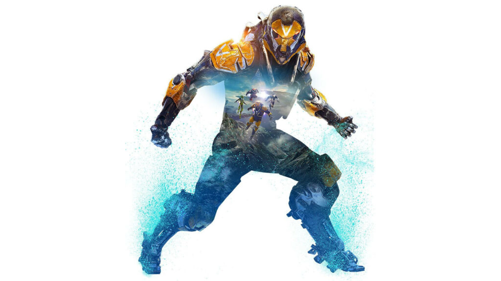 Javelin Exosuit from Anthem with vibrant armor and dynamic game landscape silhouette wallpaper