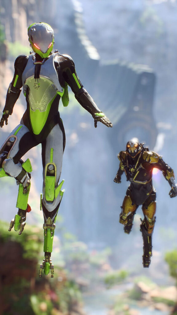 Two Anthem Javelins Interceptor and Ranger fly side by side in lush canyon game wallpaper