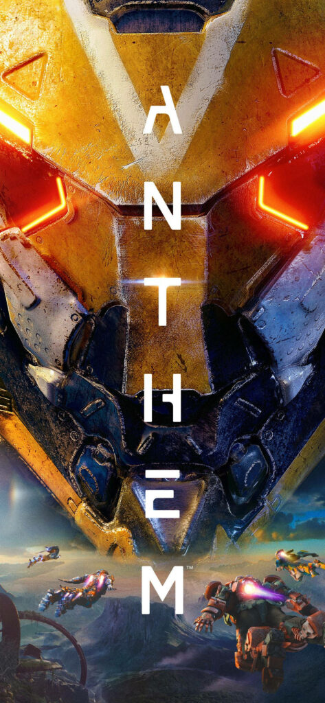 Anthem game wallpaper featuring powerful Javelin exosuits in a vibrant futuristic shared world