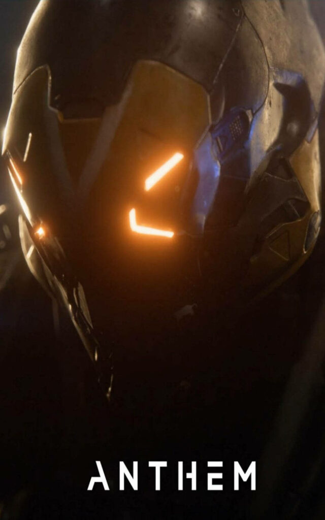 Close-up of Ranger Javelin helmet with glowing orange lights and detailed metallic design Anthem game Wallpaper