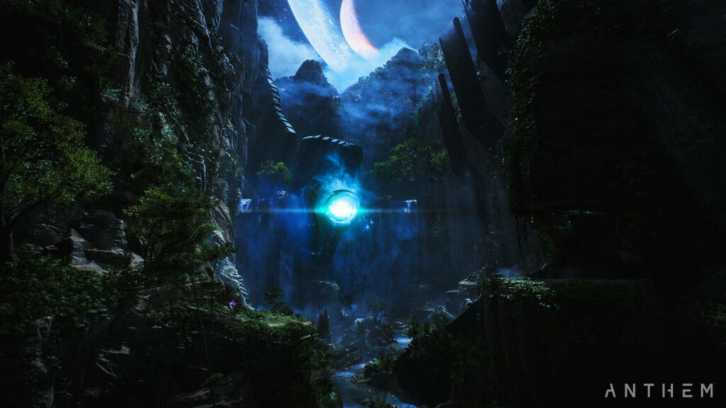Anthem Shaper Relic glowing amid lush cliffs and alien sky immersive game wallpaper background