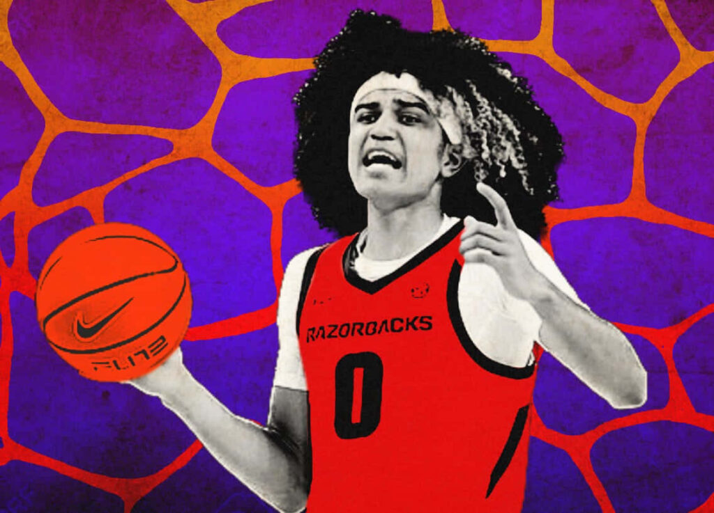 Anthony Black in Razorbacks jersey holding basketball vibrant purple orange abstract background Wallpaper