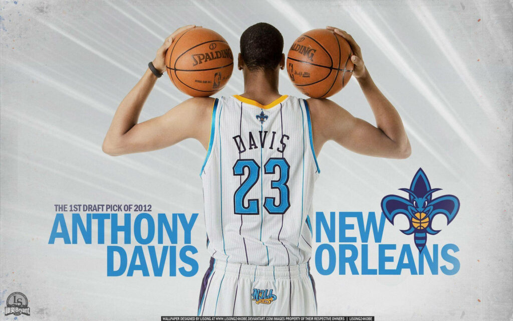 Anthony Davis in New Orleans Hornets jersey holding two basketballs 2012 draft pick wallpaper
