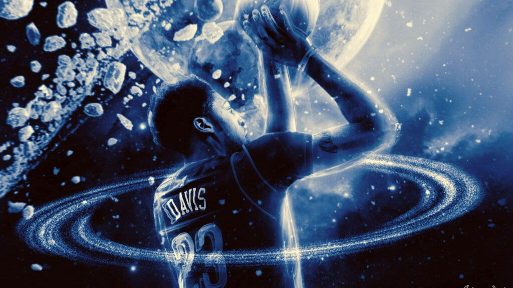 Anthony Davis in cosmic background shooting basketball with galaxy rings and floating ice fragments Wallpaper