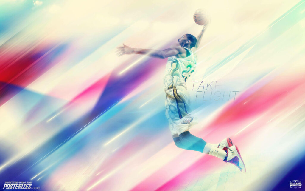 Anthony Davis soaring in basketball action with vibrant light streaks dynamic athletic wallpaper