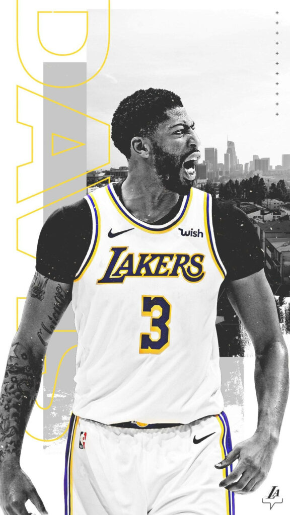 Anthony Davis Lakers grayscale wallpaper dynamic basketball moment city skyline background