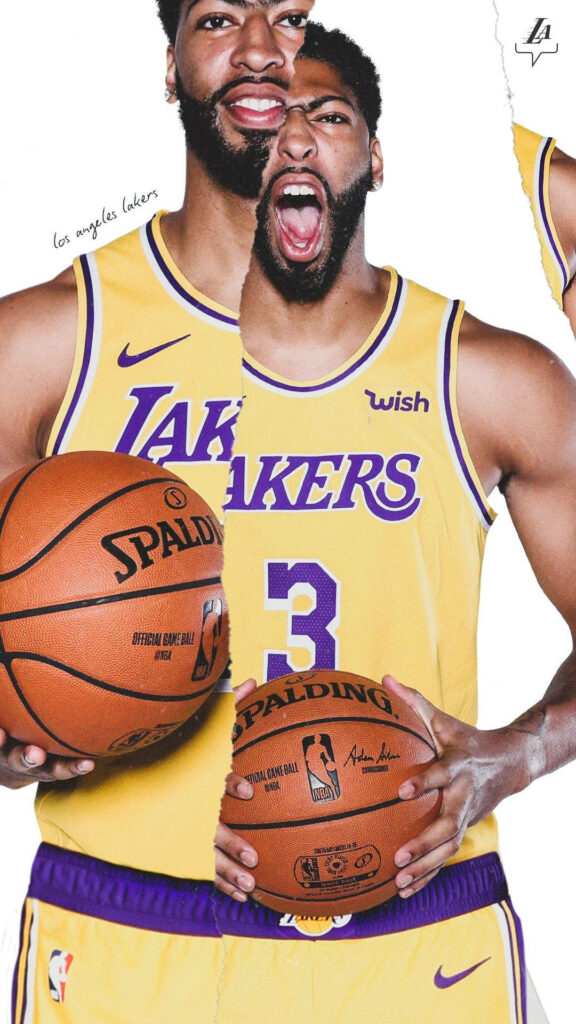 Anthony Davis in Los Angeles Lakers jersey creative ripped photo art basketball wallpaper background