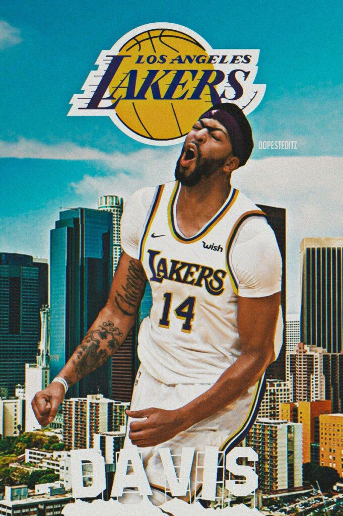 Anthony Davis in Lakers uniform with dynamic pose against vibrant skyscraper cityscape wallpaper