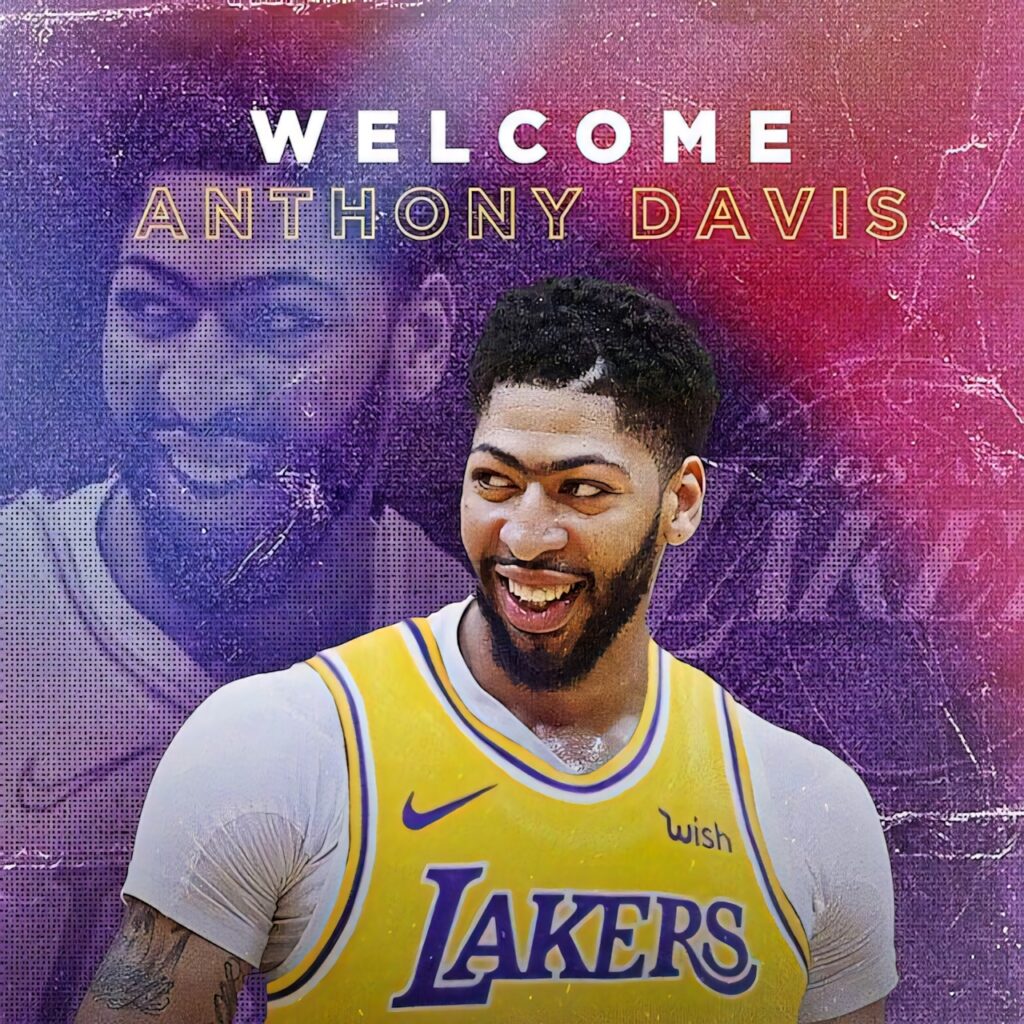 Anthony Davis in Los Angeles Lakers jersey vibrant textured wallpaper celebrating arrival