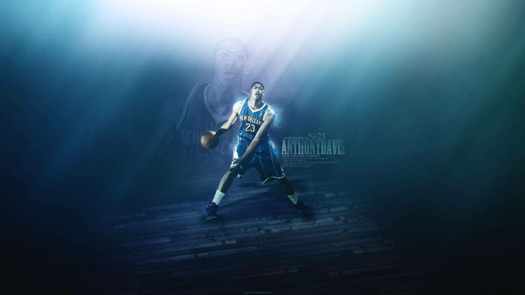 Anthony Davis confident in New Orleans Hornets uniform on dramatic basketball court with lighting effects Wallpaper