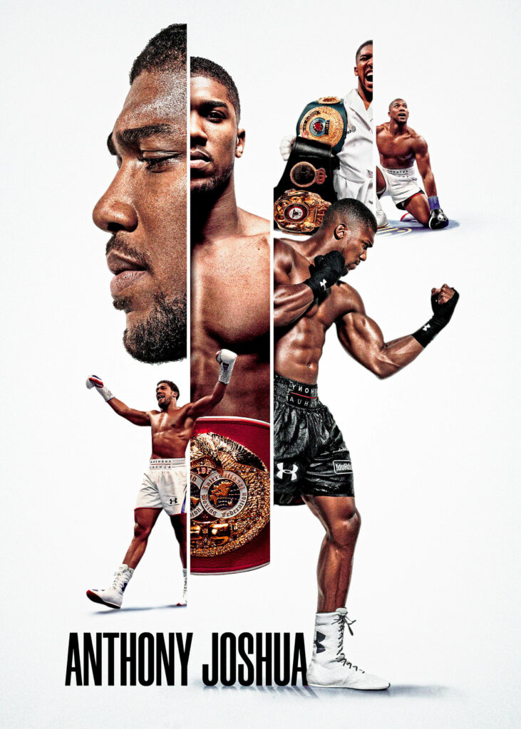 Anthony Joshua collage wallpaper with intense expressions powerful poses and championship belts background