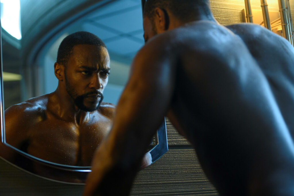 Anthony Mackie intense stare reflection dimly lit scene Altered Carbon powerful wallpaper background