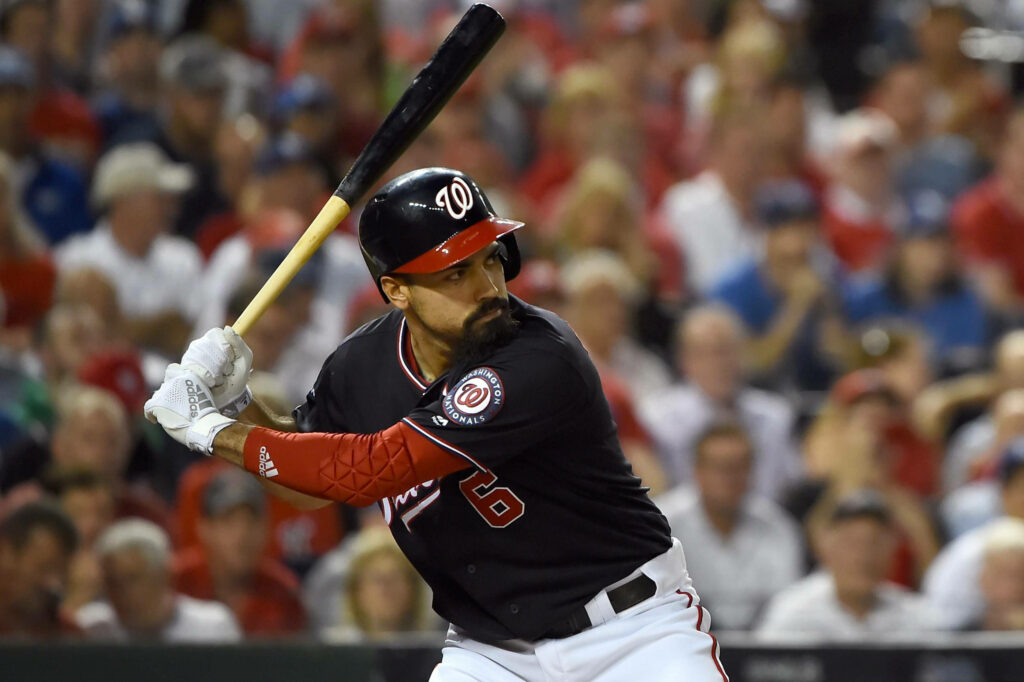 Anthony Rendon in Washington Nationals uniform gripping bat ready to swing during baseball game Wallpaper