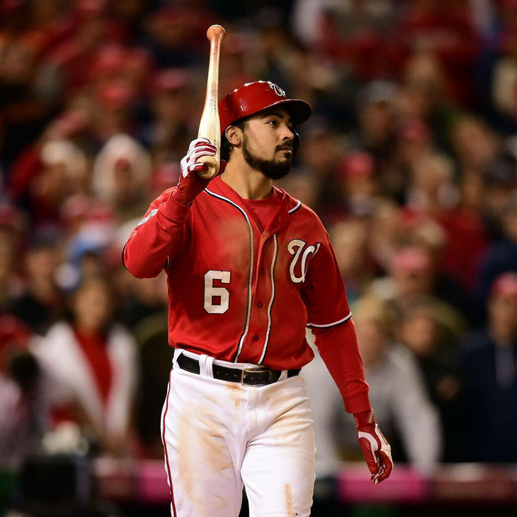 Anthony Rendon in Washington Nationals uniform holding baseball bat ready for next play on field Wallpaper