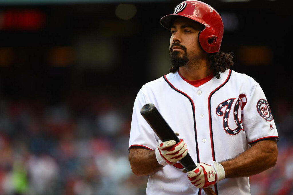 Anthony Rendon in Washington Nationals uniform preparing to bat with black baseball bat during game Wallpaper