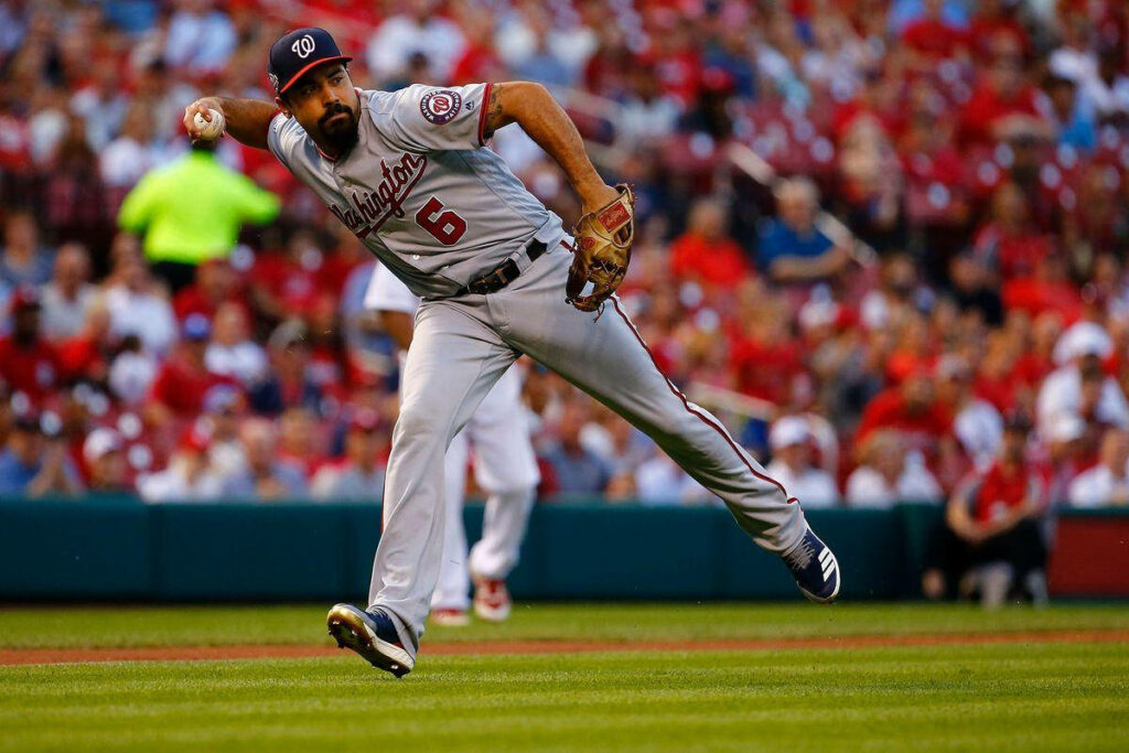 Anthony Rendon Washington Nationals throwing baseball dynamic crowd stadium wallpaper background