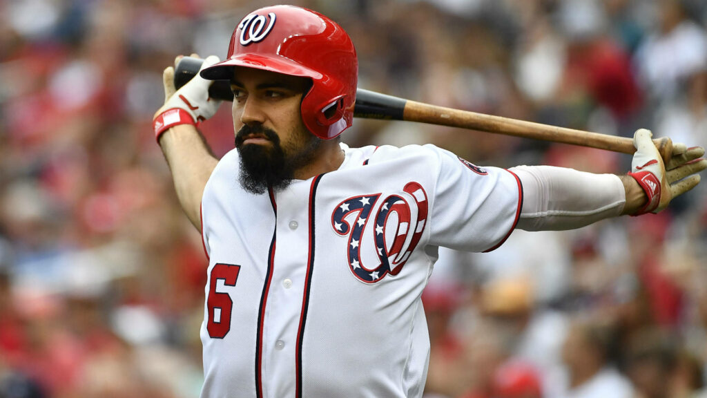 Anthony Rendon stretching with baseball bat in Washington Nationals uniform during game wallpaper