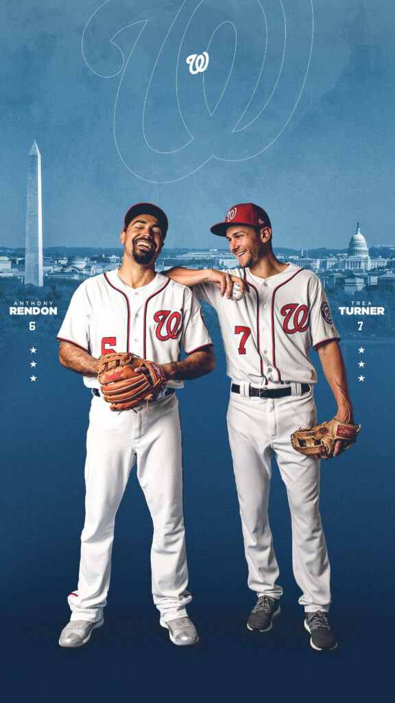 Anthony Rendon and Trea Turner in Nationals uniforms with Washington Monument and Capitol background Wallpaper