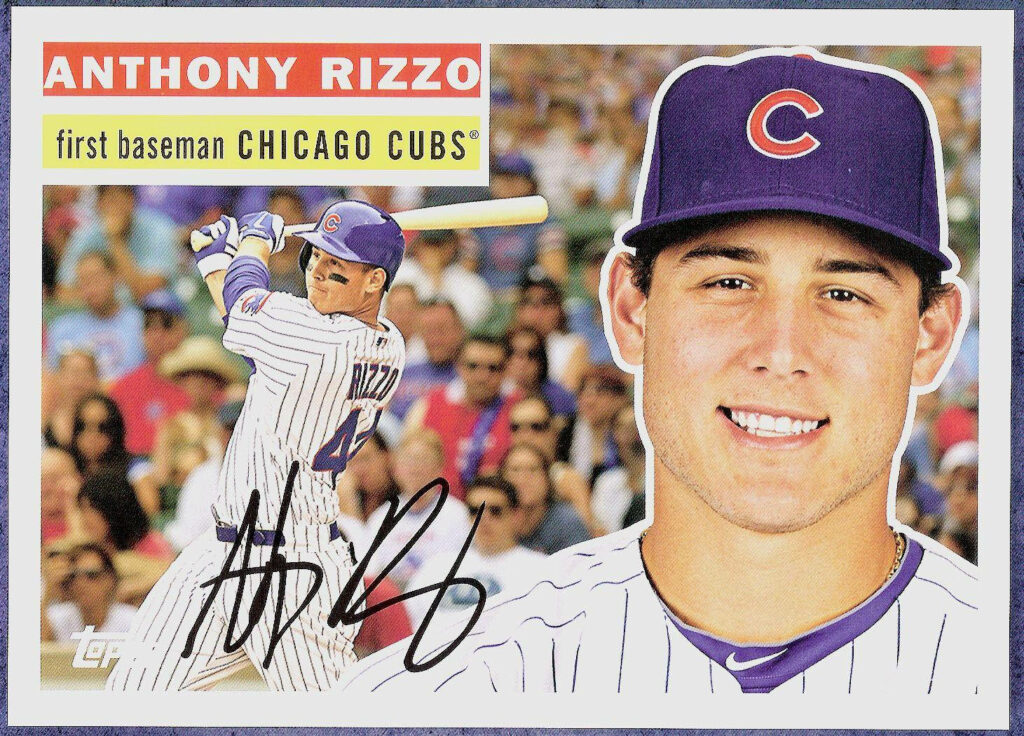 Anthony Rizzo baseball card wallpaper with close-up and action batting shots Chicago Cubs