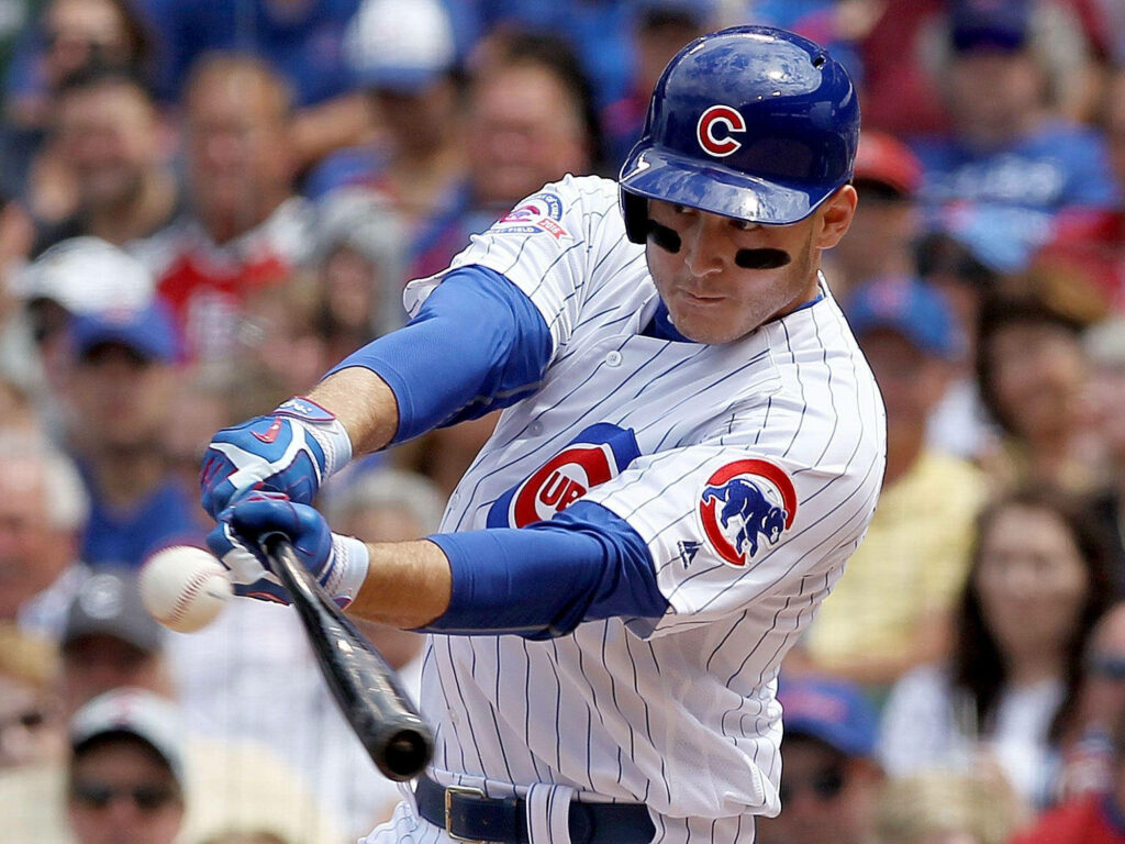 Anthony Rizzo Chicago Cubs batting focused powerful swing baseball wallpaper background