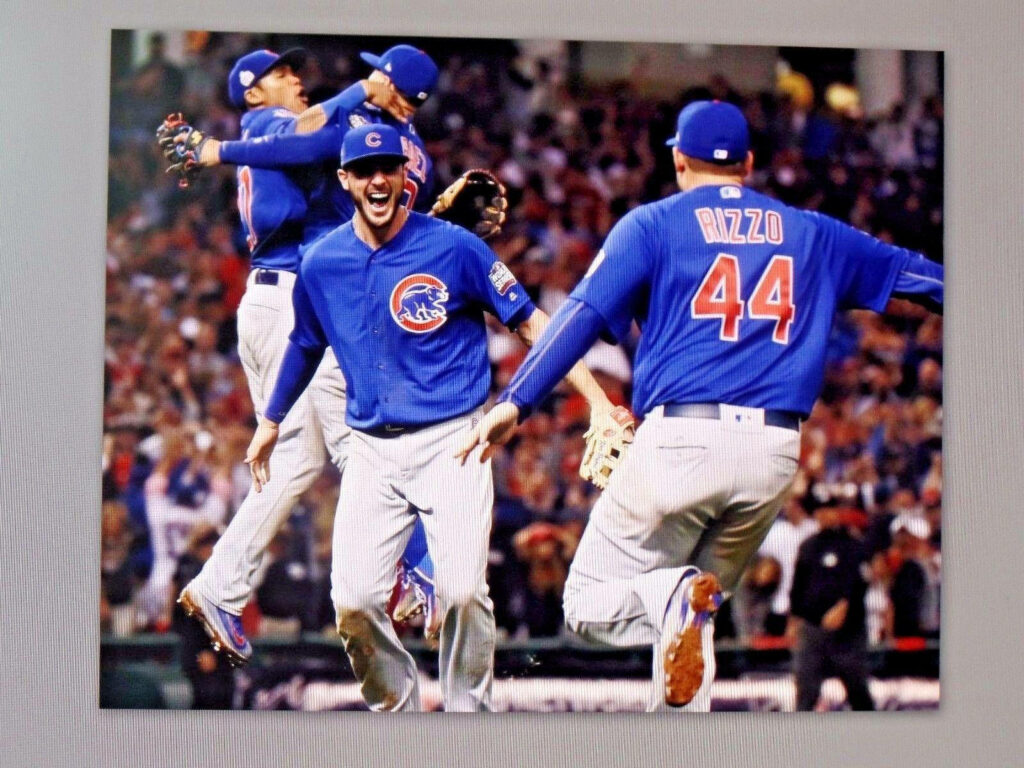 Anthony Rizzo and Chicago Cubs teammates celebrate victory on field showing team unity and excitement Wallpaper