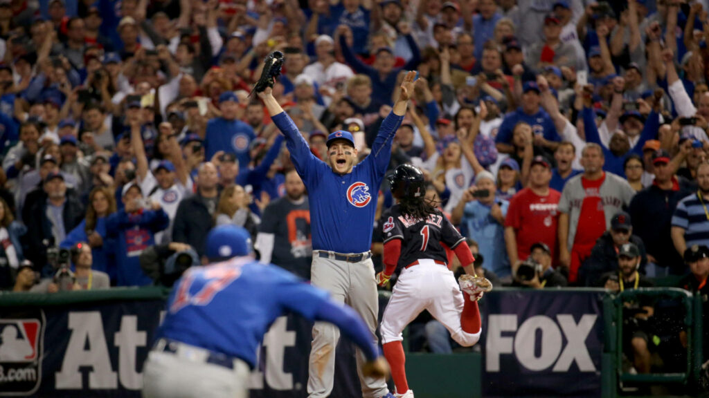 Anthony Rizzo Cubs celebrates victory on baseball field with cheering fans wallpaper background
